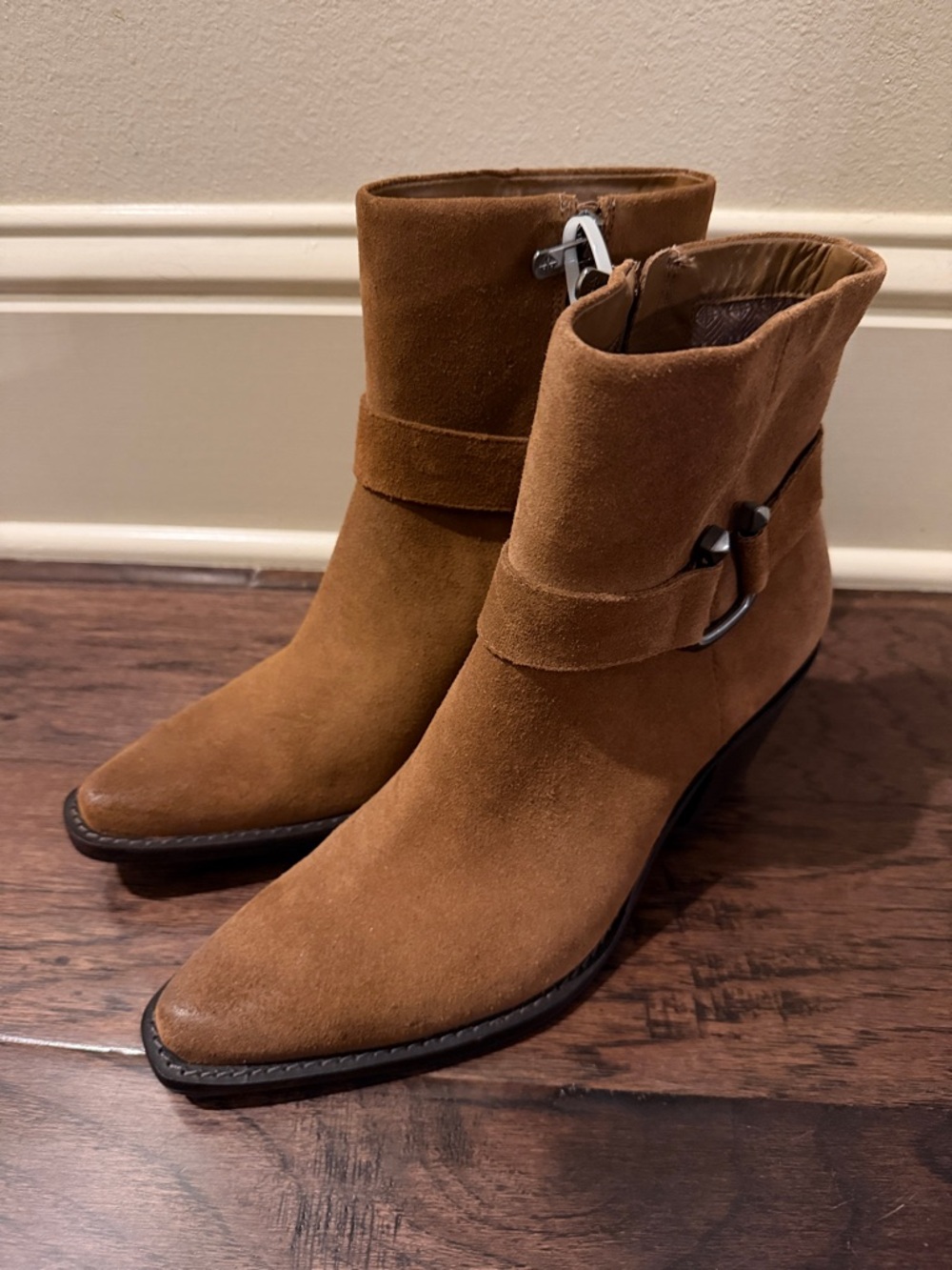 ANTONIO MELANI Suede Ankle Booties in Brown with Buckle Detail